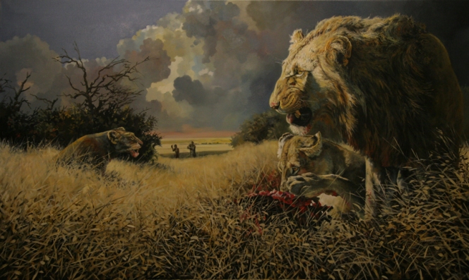 Oil Painting of Man Eating Lions