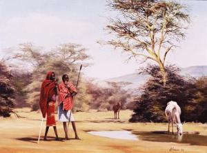 a painting of samburu tribesmen watering their cattle